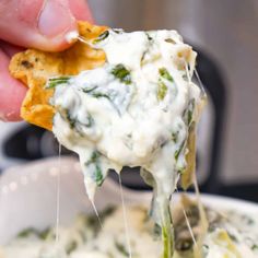 a hand holding a tortilla chip filled with spinach and cream cheese dip