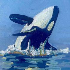 This is an oil painting by Julia Claire, a Los Angeles based artist. It is of an orca whale jumping out of the ocean. Cool Tone Painting, Water Splash Painting, Drawing Ideas Painting Canvases, Water Art Ideas, Orca Whale Painting, Realistic Painting Ideas, Paint Whale, Painting Inspo Acrylic, Whales Painting