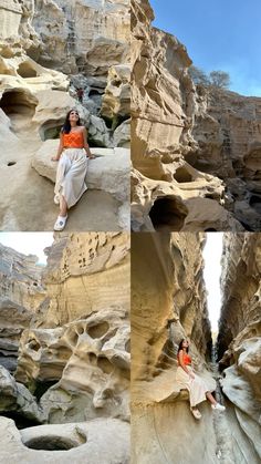 two women are sitting on rocks in the middle of some canyons and one is wearing an orange top