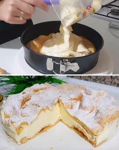 there is a cake that has been cut in half and being served with icing