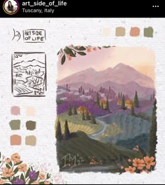 an artistic painting with flowers and mountains in the background is featured on a white paper