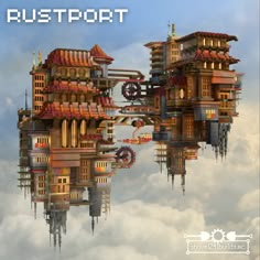 an image of a futuristic city floating in the air with clouds and sky behind it