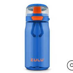 a blue water bottle with an orange cap and handle on the side, sitting next to a white background