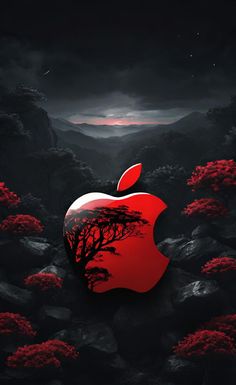 an apple logo in the middle of a dark forest with red flowers and trees on it