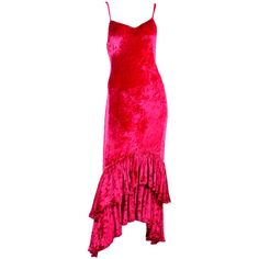 This is a gorgeous raspberry pink crushed velvet Sonia Rykiel vintage dress with a unique double layered ruffled high to low hem. It has spaghetti straps and buttons up the back with velvet covered buttons. It has one smudge in the front, but it is not noticeable when worn due to the nature of crushed velvet. Made in France. BUST: 36" WAIST: 34" HIPS: 40" LENGTH from top of strap to hem: 50" (in front)-57" (in back) STRAP: 17" Vintage Dresses 1940s, Pink Evening Gowns, Vintage Evening Gowns, Crushed Velvet Dress, Vintage Formal Dresses, Raspberry Pink, Silk Floral Dress, Sequin Cocktail Dress, 1940s Dresses