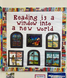 reading is a window into a new world bulletin board with pictures of books on it