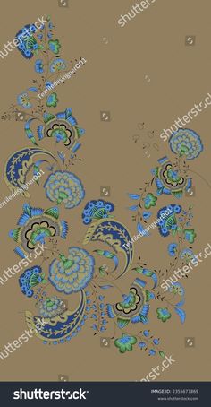 an abstract floral design in blue, green and brown colors on a beige background with white flowers