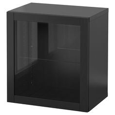 an empty black glass doored cabinet on a white background