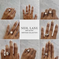 six pictures of different rings and hands with white nail polishes on them, all showing the same ring size