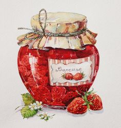 a painting of a jar of strawberry jam with strawberries next to it on a white surface