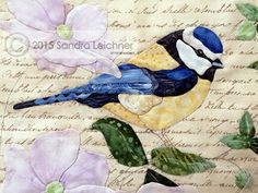 a blue bird sitting on top of a piece of paper next to purple and white flowers