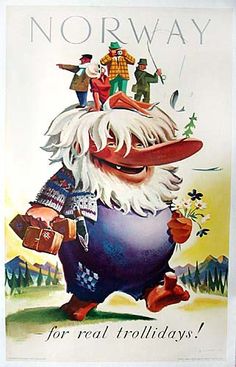 an advertisement for the norway company featuring a gnome carrying luggage and people on his back