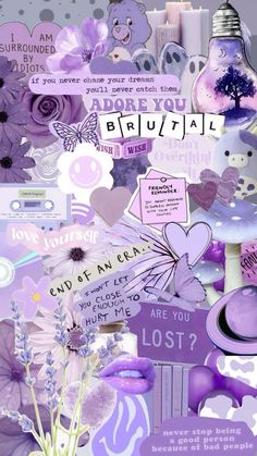 purple collage with lots of different items and words on it's side, including flowers