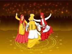 Illustration Of Punjabi People Doing Bhangra Dance With Dhol Instrument On Brown Lights Effect Background. #Lohri #celebration #culture #enjoy #worship #prosperity Punjab Dance, Dance Illustration, Dance Images