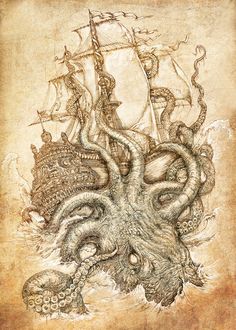 an octopus attacking a pirate ship in the ocean, with tentacles coming out of it