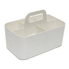 a white plastic caddy with handles on the bottom and sides is shown in front of a white background