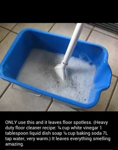 a mop in a blue bucket filled with water