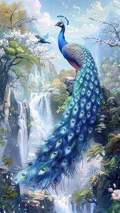 a painting of a peacock standing in front of a waterfall with birds flying around it