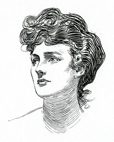 a black and white drawing of a woman's head with curly hair, looking to the side