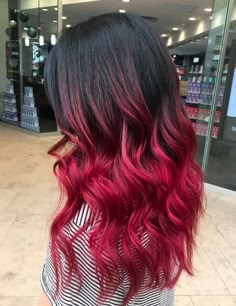 Dark Roots With Red Ends, Red And Black Baylage Hair, Red Snd Black Hair Ideas, Black Roots And Red Hair, Ends Of Hair Dyed Red, Red Bayalage On Black Hair, Red Hair Tips On Brown Hair, Black Roots Hair Color Ideas, Black And Cherry Hair