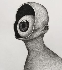 a drawing of a man's head with an eyeball in the center