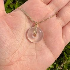 "💗 Rose Quartz Donut Necklace 💗 - 19.5\" Gold Filled Figaro Chain Rose quartz promotes unconditional love, forgiveness, compassion, self-love, and joy.  ✨Please Read Before Purchasing✨ All photos and videos are taken in natural light. Please note that the colors may appear different depending on the lighting. Please read the shipping information, FAQ, and policies before purchasing.  If you have any questions, please contact us. Thank you so much for supporting us and stopping by! 💜" Crystal Donut Necklace, Everyday Spiritual Round Charm Necklaces, Rose Quartz Round Pendant Jewelry Gift, Round Rose Quartz Pendant Jewelry Gift, Everyday Round Gemstone Crystal Necklace, Rose Quartz Round Pendant Crystal Necklace For Gift, Spiritual Round Crystal Necklace With Adjustable Chain, Rose Quartz Jewelry For Meditation, Spiritual Rose Quartz Round Pendant Necklace