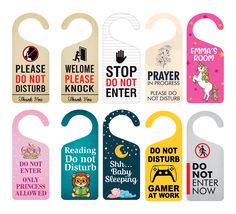 six door hangers with different sayings and pictures on them, all in various colors