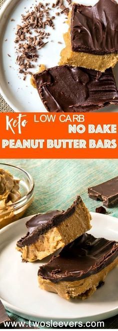 low carb no bake peanut butter bars on a plate