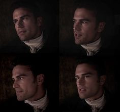 four different shots of a man in a black suit and white collared shirt looking at the camera