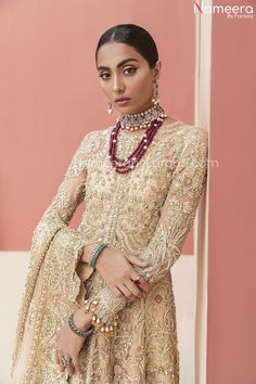 Buy Pakistani Golden Bridal Lehenga in Long Gown with Premium Quality fabric Lehnga Gown Enhanced with Hand-embellished work. Customizable. Fast Shipping Golden Bridal Lehenga, Nameera By Farooq, Latest Pakistani Fashion, Angrakha Style, Green Lehenga, Pakistani Wedding Dress, Gown Style, Pakistani Salwar Kameez, Silk Gown