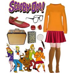 a woman in an orange sweater and red skirt is standing next to some cartoon characters