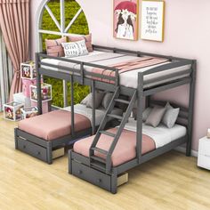 the bunk bed is made up with two sets of drawers and a futon mattress