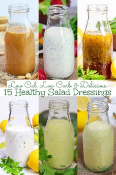 four different types of salad dressings in mason jars with lemons and parsley