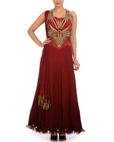 This shaded maroon color frock suit is in chiffon fabric having zari embroidery on neck. Backside of this frock suit is designed in beautiful flairs which enhance look of this frock suit. Dupatta of this frock suit is also in chiffon having golden color borders. Simple Suits, Frock Suit, Suit Dupatta, Floor Length Anarkali, Long Anarkali, Native Dress, Zari Embroidery, Anarkali Suit, Anarkali Suits