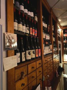 many bottles of wine are lined up on the wall