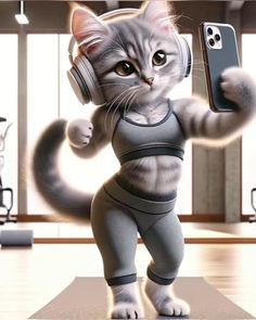 a cat is wearing headphones and holding a cell phone in one hand while standing on a yoga mat