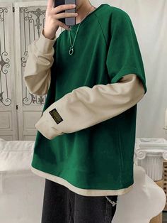 Loose Fit Men's 2 In 1 Sweatshirt With Raglan Sleeves And Letter Patches Dark Green Casual  Long Sleeve Fabric Colorblock,Letter Pullovers Slight Stretch  Men Clothing, size features are:Bust: ,Length: ,Sleeve Length: Casual Green Outfit Men, Mens Thermal Shirt, Trans Male Fashion, Male Clothing Styles Casual, Green Sweatshirt Outfit Men, Green Aesthetic Outfit Men, Green Clothes Men, Green Outfit For Men, Aesthetic Clothes For Men