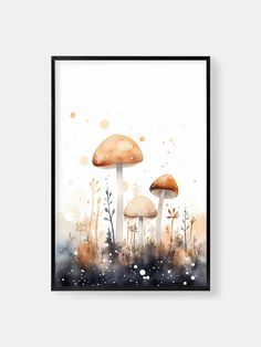 two mushrooms in the grass with watercolor paint on paper, framed in black frame