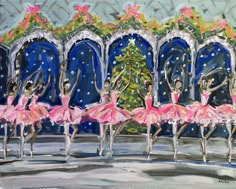 three ballerinas are dancing in front of a christmas tree with pink tutues