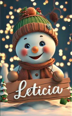 a snowman holding a wooden sign with the word leticia written on it and lights in the background