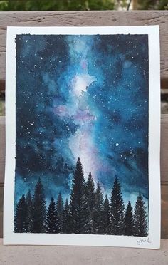 the night sky is filled with stars and pine trees, as well as some watercolors