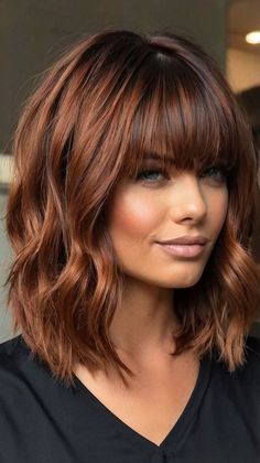 #shorthaircut #hairinspo #hairgoals #pixiecut #bobhaircut #shorthairstyles #hairtrends #hairtransformation #shorthairdontcare #chopitoff #newlook #haircutideas #shorthairlove #hairchop #freshcut Brownish Red Hair Color Caramel Balayage, Short Dark Brown Hair With Copper Highlights, Copper Brown Hair Blue Eyes, Dark Copper Hair With Bangs, Fall Hair For Short Hair, Fall Hair Color Ideas 2024, Brown And Auburn Balayage, Long Bob Red Hair, Red Hair With Dimension