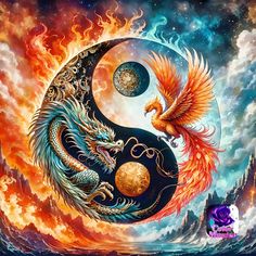 a painting of two dragon sitting on top of a yin - yang sign in the sky