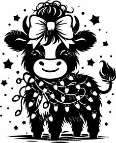 a black and white cow with a bow on it's head, standing in front of stars