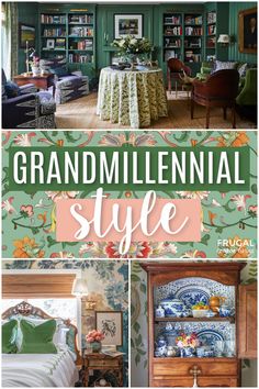 examples of grandmillennial style home decor including wallpapered china cabinent, grandmillennial bedroom and green grandmillenial library Grande Millenial Style, Grand Millennial Interior Design, Gran Millenial Style, Granny Chic Decor Vintage Homes, Grandmillennial Style Bedroom, Southern Grandmillenial Style, Millennial Grandma Decor