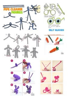 the instructions for making pipe cleaner figures are shown in purple and green, with images of people holding carrots