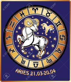 the zodiac sign aries on a blue background with gold and white stars around it