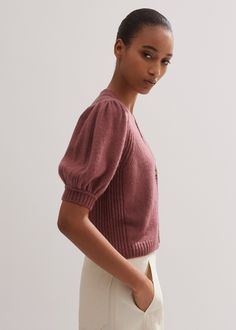 Merino Cashmere Silk Lofty Cardigan | ME+EM Pink Pointelle Knit Top For Layering, Feminine Short Sleeve Knit Top For Fall, Pink Winter Tops For Daywear, Pink Winter Daywear Tops, Pink Tops For Winter Daywear, Pink Fine Knit Top For Fall, Elegant Short Sleeve Fall Cardigan, Cardigan Short, Ankle Sleeve