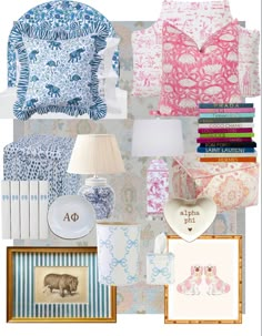 a collage of blue and pink wallpaper with pictures, lamps, plates, and other items