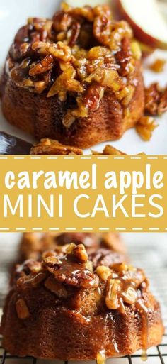 caramel apple mini cakes on a cooling rack with text overlay that reads, caramel apple mini cakes